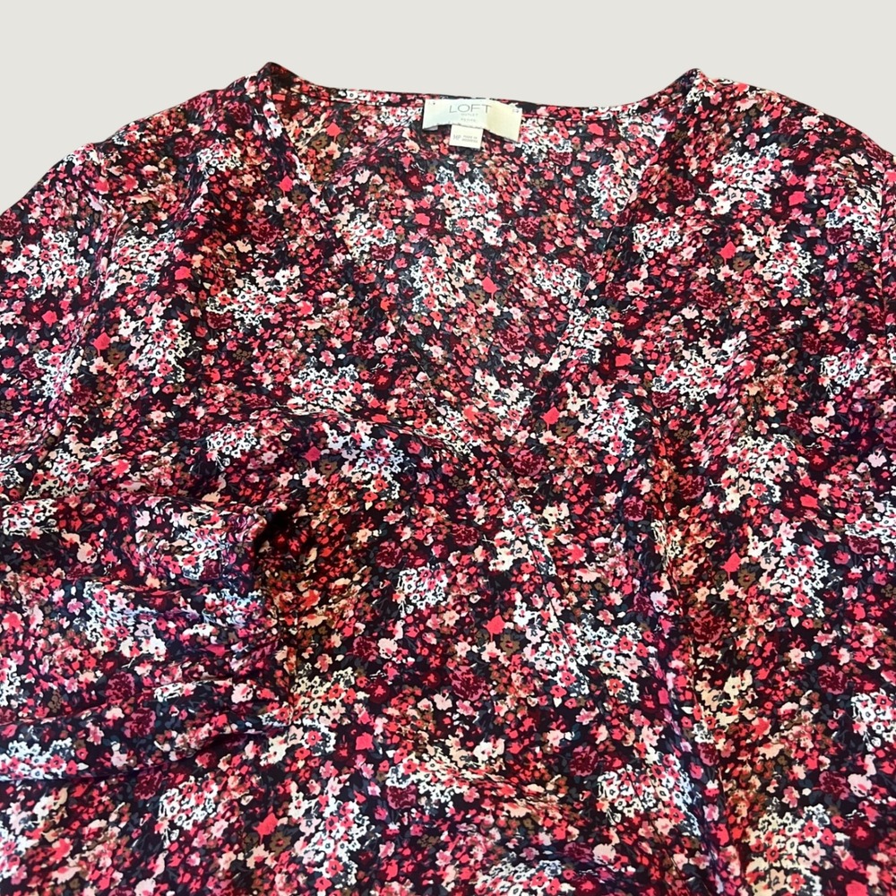 Loft Women MP Blouse Pink Purple Floral Ditsy Faux Wrap V-Neck Long Sleeve Top